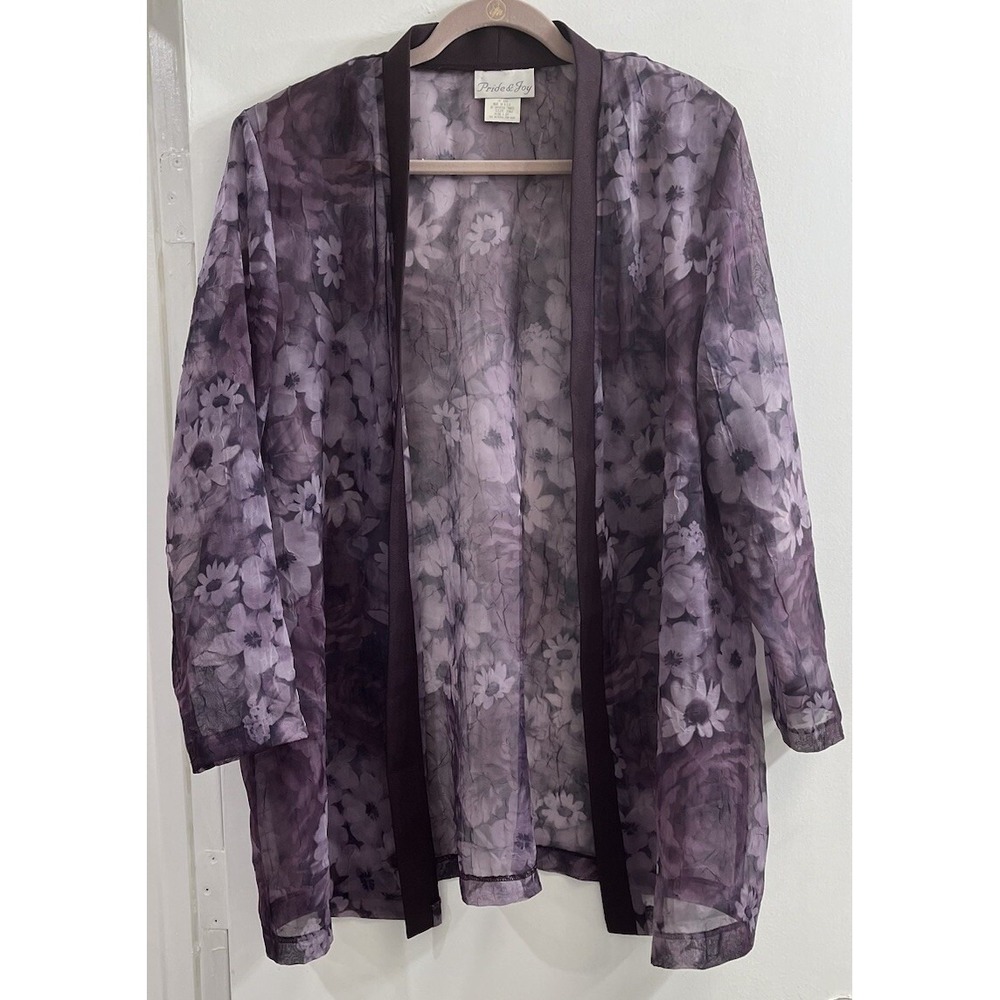 Vintage Pride & Joy Kimono Womens XXL 20W Sheer Purple Floral Duster USA Artsy